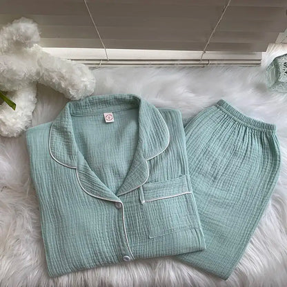 Cotton Comfort Sleepwear Casual Women Pajamas Spring Summer Cherry Print Cute Lapel Button Shirts And Pant Two Piece Sets
