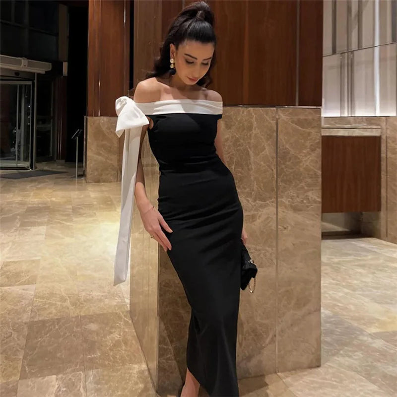 Off Shoulder Contrast Bow Shoulder Ribbon Bodycon Maxi Dress