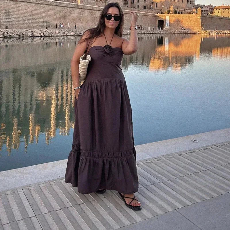 Elegant 3D Flower Halter Long Dress Women Pleated Backless Patchwork Sleeveless Off Shoulder Party Dresses New Holiday Robe