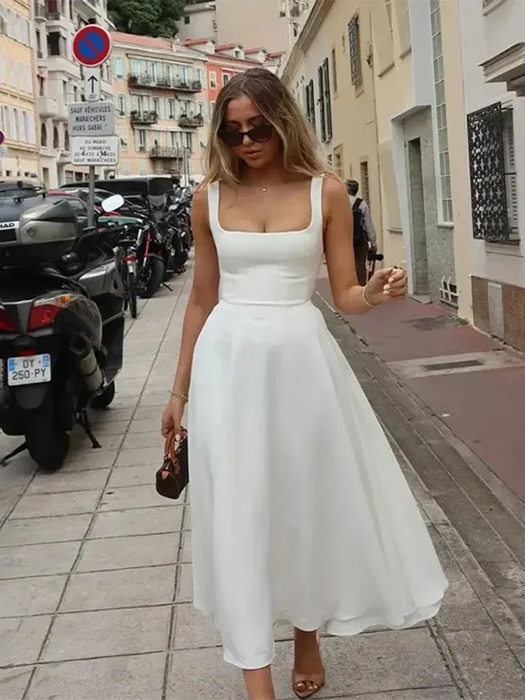 Solid Color Halter Long Dress Straps Slim Fit Sexy Square Neck Suspender High Waist Pleated Beach Dresses Women's Party Robes