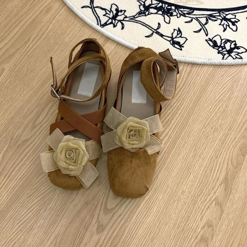 New Fashion Flower Square Toe Shallow Shoes Women Buckle Vintage Suede Autumn Women's Party Comfort Ballerinas Shoes