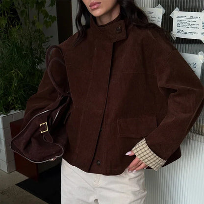 Autumn Chic Plaids Linen Solid Corduroy Coats Elegant Female Stand Collar Zipper Long Sleeves Jacket Fashion Lady Street Outwear