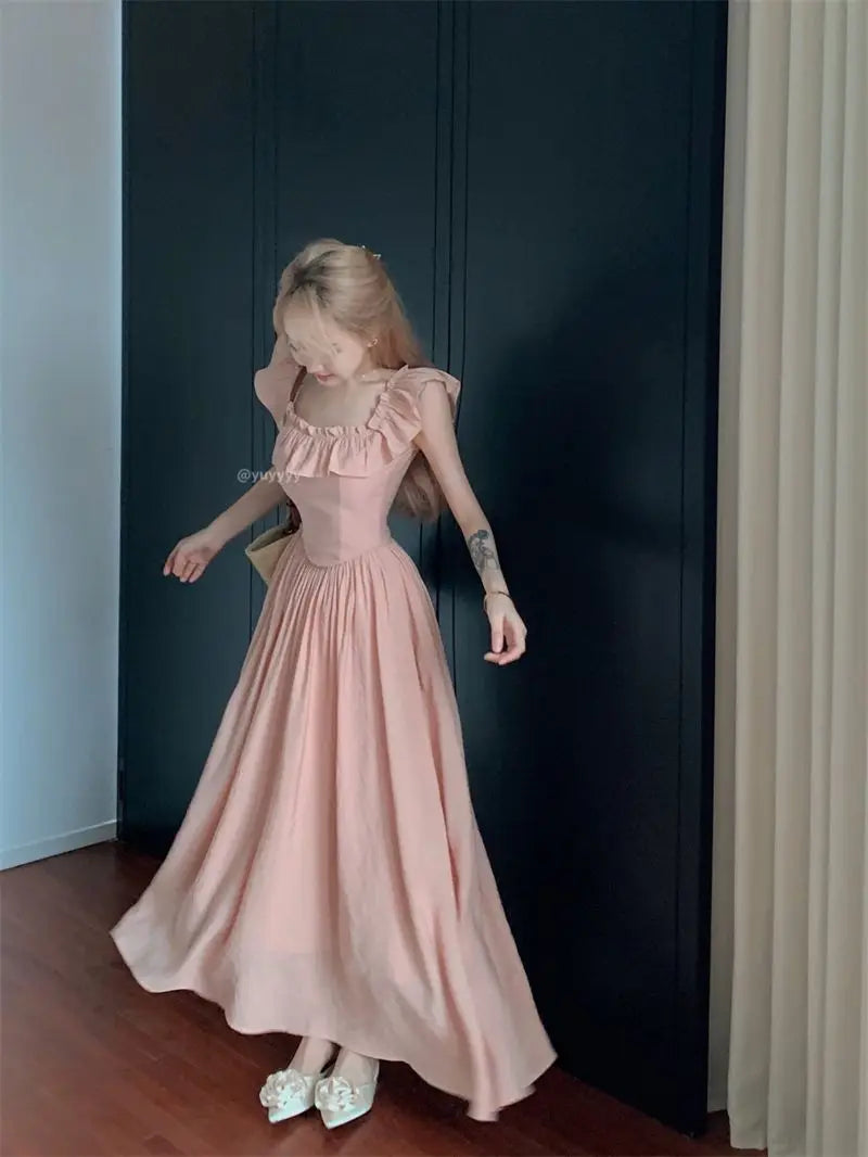 Sweet Gentle Square Neck Dress Summer New Temperament Waist-sharp Mid-length Dress