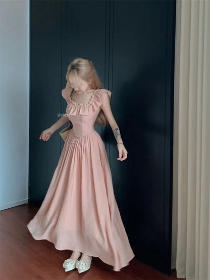 Sweet Gentle Square Neck Dress Summer New Temperament Waist-sharp Mid-length Dress