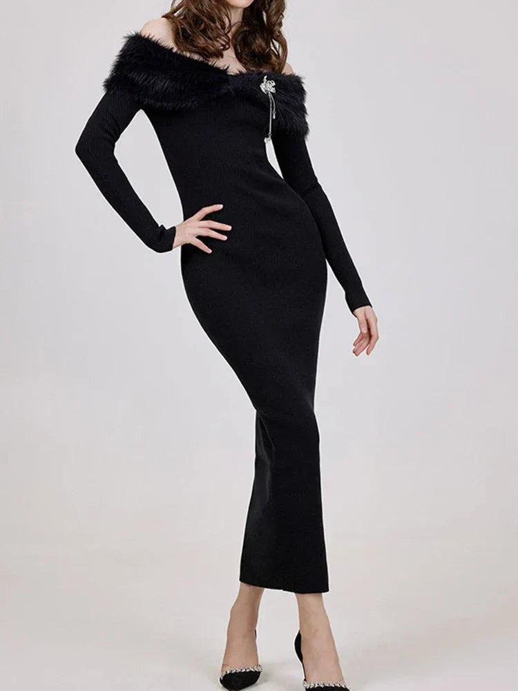 Off-Shoulder Faux Fur Collar Brooch Detail Rib Knit Bodycon Midi Dress