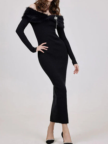 Off-Shoulder Faux Fur Collar Brooch Detail Rib Knit Bodycon Midi Dress