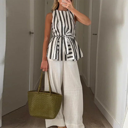 Casual Striped Vest Skirt Suits Women O-neck Sleeveless Bow Tops Pleated Long Skirts 2025 Summer Chic Office Lady Sets New
