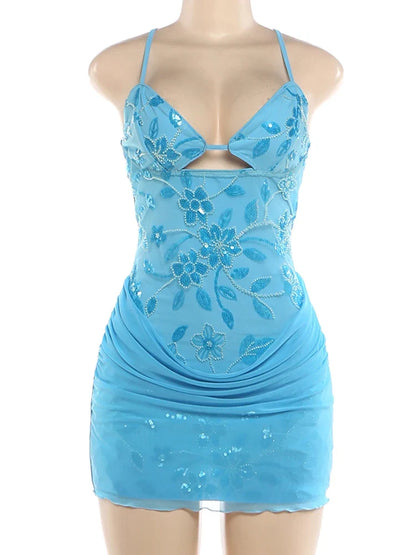 Puss Mesh Patchwork Sling Dress Woman Sexy Shiny Sequin Low-Neck Backless Skinny Peach Hip Midnight Club Party Bodycon