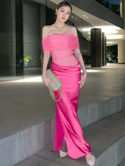 Off-Shoulder Mesh Ruched Bodice Satin Wrap Slit Maxi Dress