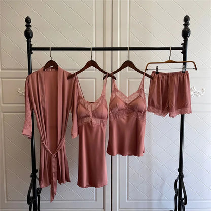 4PCS Women Pink Satin Pajamas Set Lace Sleep Suit Pijama Home Nightie Sexy V-Neck Sleepwear