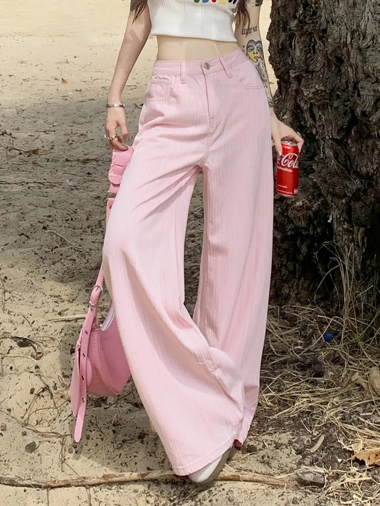 Women‘s Beige Hotsweet Denim Wide Leg Pants Y2K Summer Casual Straight Baggy Jeans Female ’