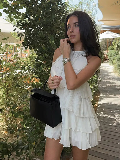 Women White Stacked Ruffle Mini Dress Elegant O-neck Sleeveless Backless A-line Halter Dresses 2025 Summer Lady Beach Vestido