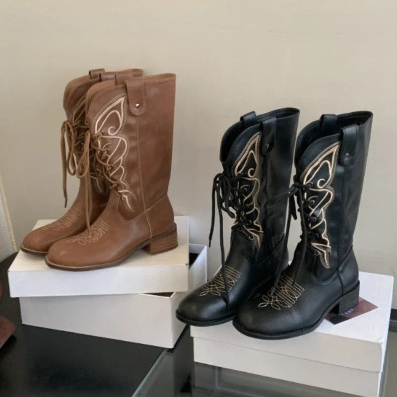 Retro Butterfly Embroidery Wedges Ankle Boots Women Fashion Rivet Sewing Lace Up Mid Calf Boots Luxury Cozy Brand Designer Boots