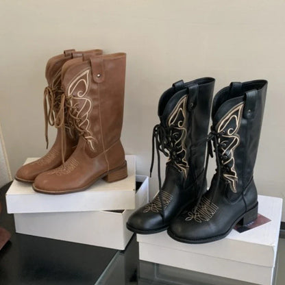 Retro Butterfly Embroidery Wedges Ankle Boots Women Fashion Rivet Sewing Lace Up Mid Calf Boots Luxury Cozy Brand Designer Boots