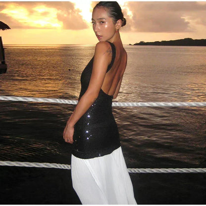 Sequin Bodice Pleated Contrast Skirt Sleeveless Maxi Dress