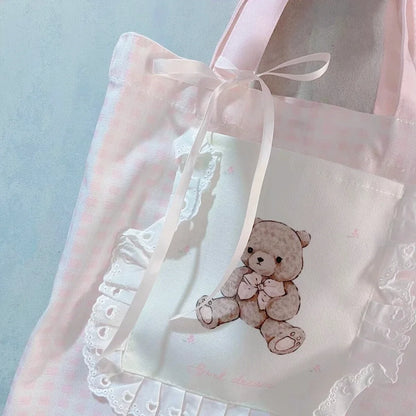 Pink Bear Shoulder Bag for Women, Large Capacity, Casual Totes, Ladies Cute Canvas Bags, Bucket Handbag, New, 2024