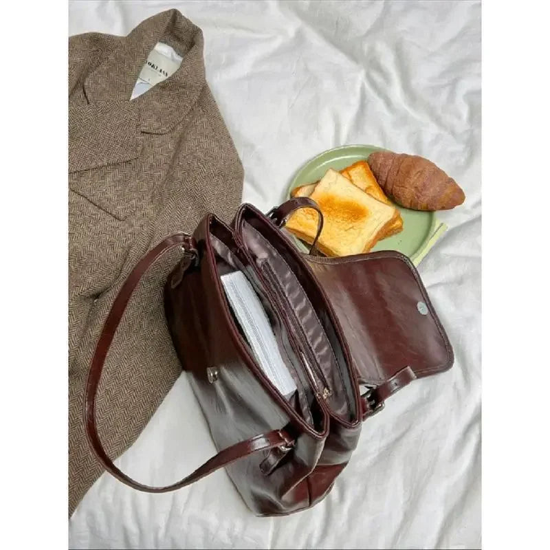 Large Capacity Retro Leather Single Shoulder Underarm Bag for Women's Autumn/winter New French Casual PU Tote Bag