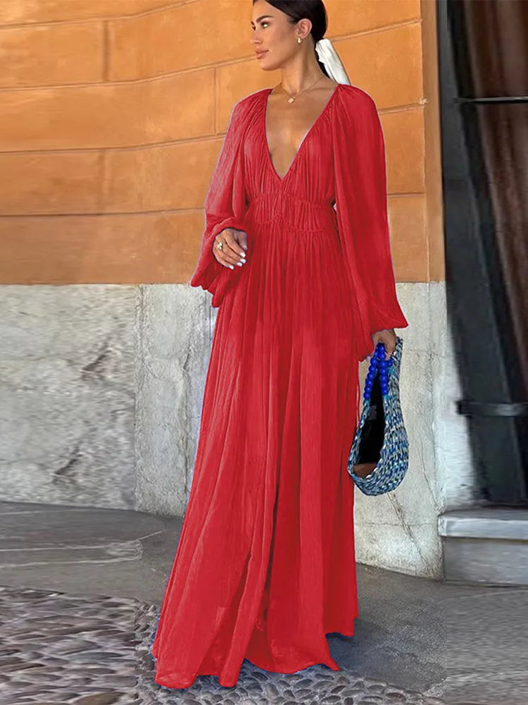 Elegant Pleated Long Dress Women Loose V Neck Long Sleeves High Waist Vestidos Female 2025 Summer Holiday Solid Evening Dresses