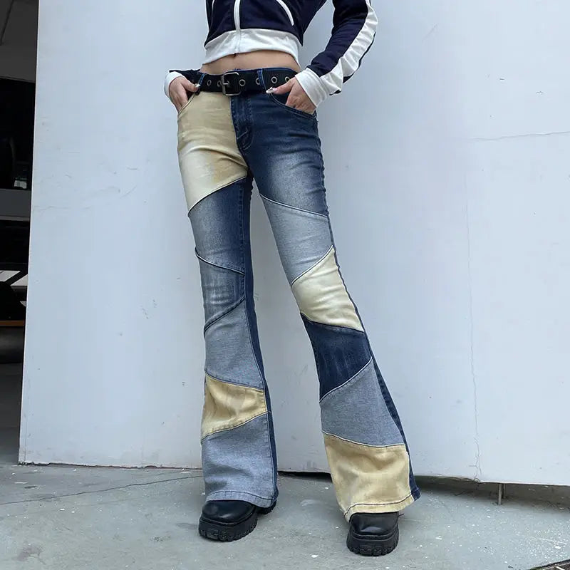 Flare Jeans Contrast Patchwork Low Waist Women'S High Street Vintage Y2K Skinny Blue Denim Trouser Harajuku Outfits
