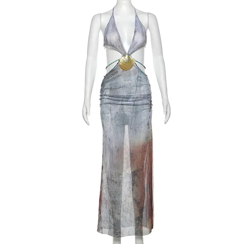 Sexy Beaded Print Long Dress Women Hollow Out Halter Backless Sleeveless Lace Up Holiday Dresses 2025 Summer Lady Chic Slim Robe