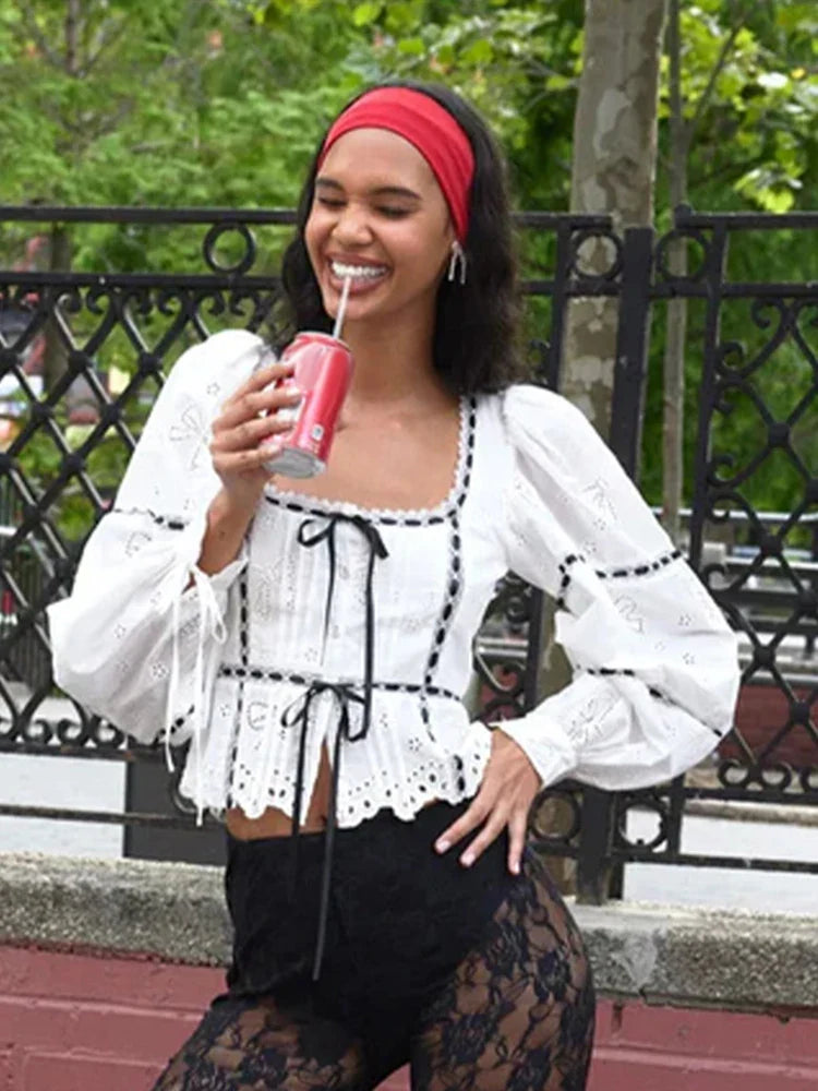Elegant Lace Up Women Shirt Top Puff Long Sleeve Lady Blouses 2024 Spring Summer Fashion Sweet Square Collar Female Streetwear