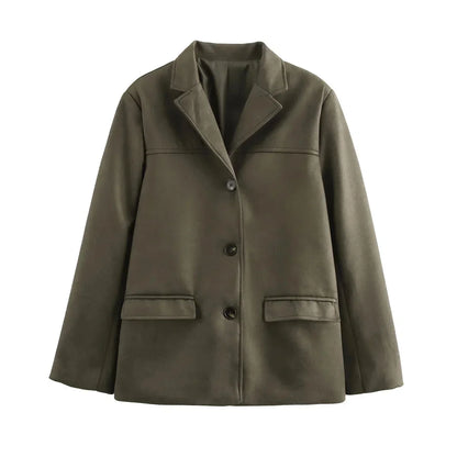 Vintage Lapel Pocket Suede Leather Jacket Women Fashion Loose Single Button Oversize Brown Coats Female Street Chic Clothes