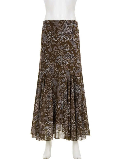 Women's Vintage Brown Floral Print Maxi Skirt New Spring Summer Retro Style A Line Long Skirt Casual Boho Outfit No Belt