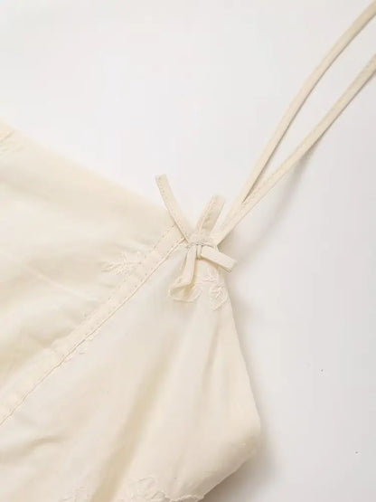 Solid Beige Plaid Embroidery Short Dress Sleeveless Sqaure Collar Casual Bow Women Dress Sweet Chic Summer Vestidos