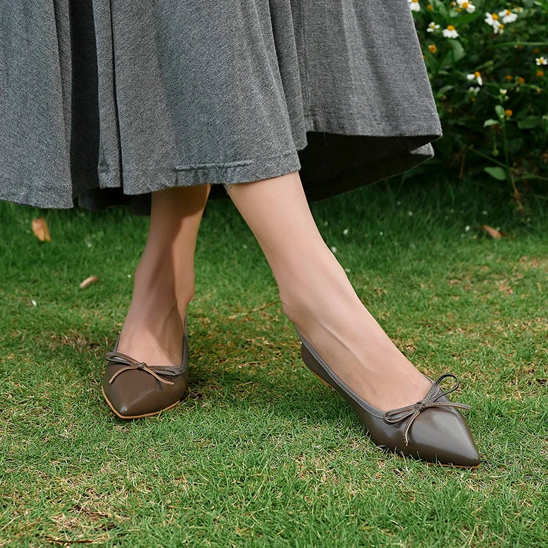 Women Flats French Style Sheepskin Ballets Woman Simple Shoe Spring Autumn Retro Pumps Flat Heel Square Toe Bowtie Footwear