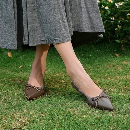 Women Flats French Style Sheepskin Ballets Woman Simple Shoe Spring Autumn Retro Pumps Flat Heel Square Toe Bowtie Footwear