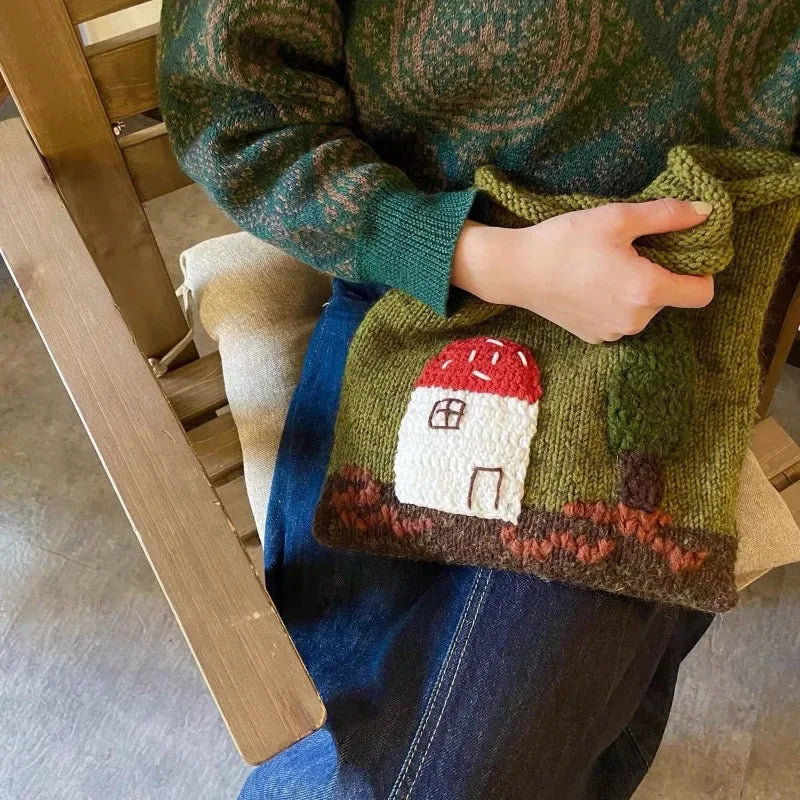 Cartoon Knitted Kawaii Girls Top-Handle Bags Japanese Sweet Y2k Aesthetic Vintage Handbags All Match Women Casual Cute Purses