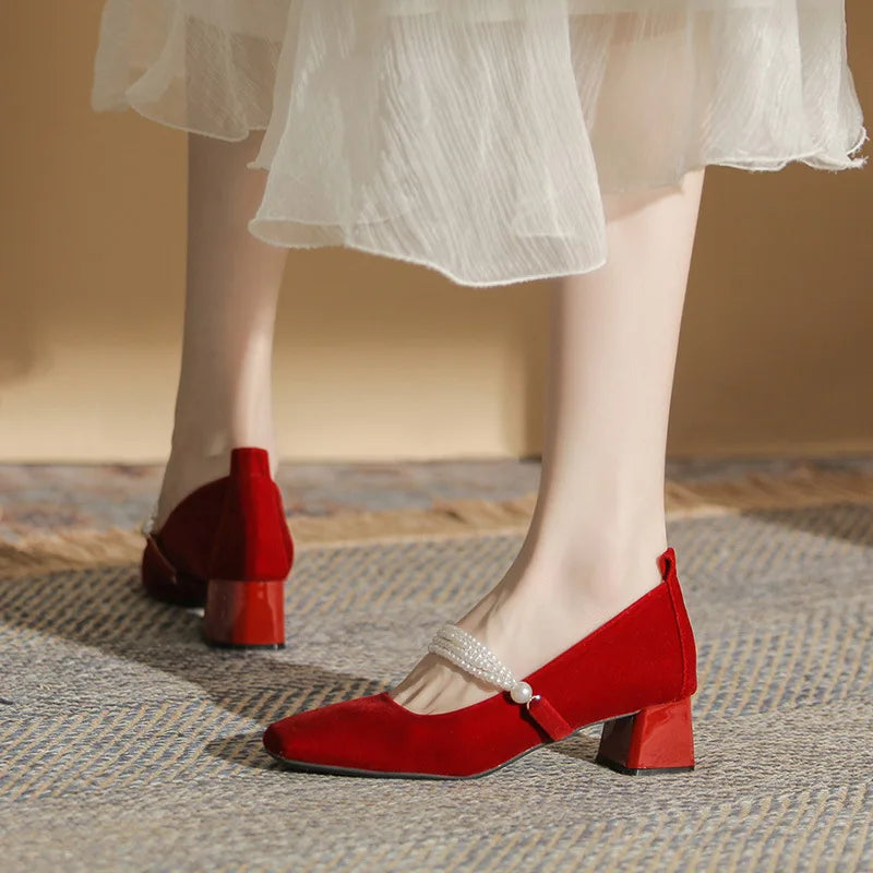 Velvet Shoes Med Square Toe Block Heels High Heeled Sandals Woman Mary Jane Espadrilles Platform Suede Medium Wedding Chunk