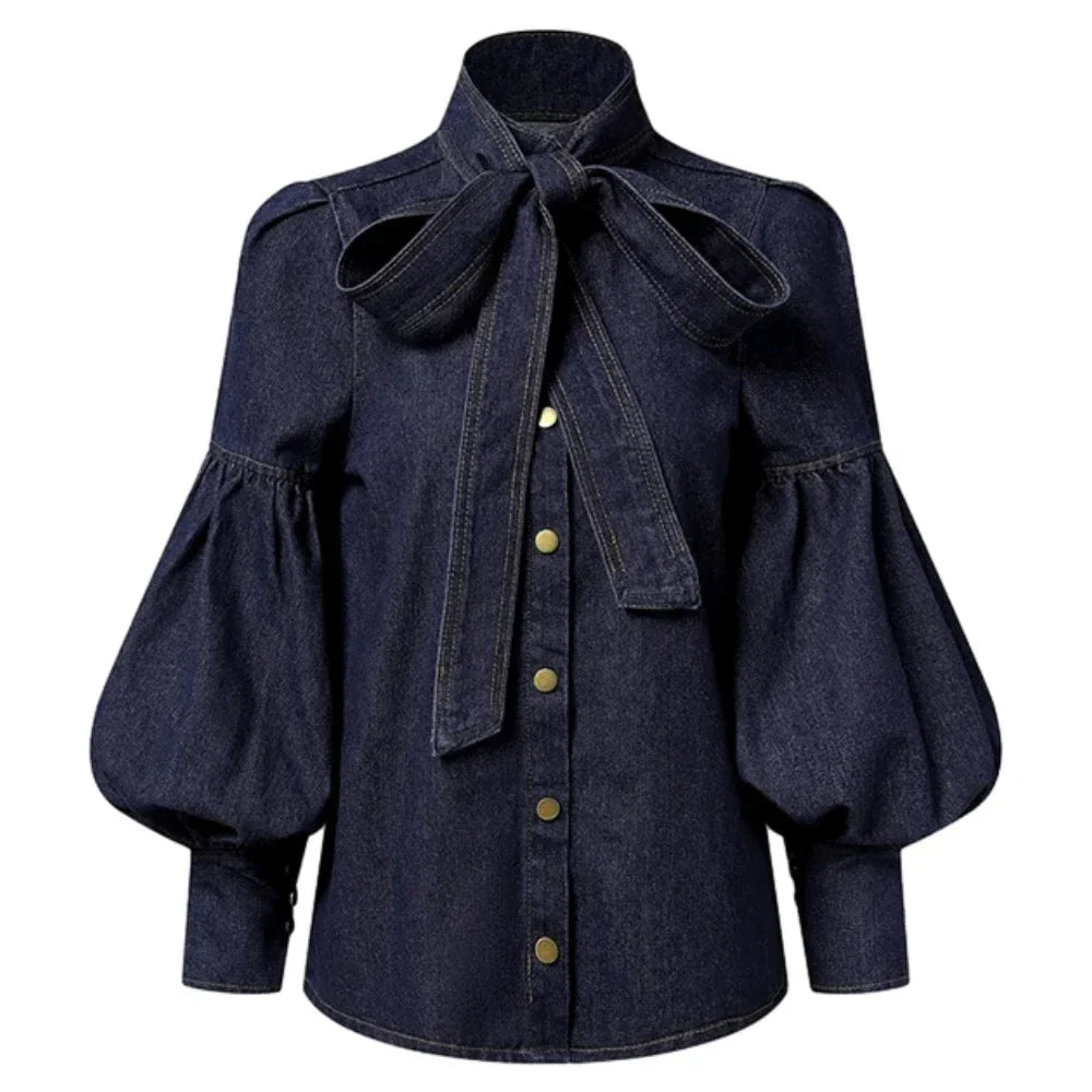 Female Stylish Tie Design High Neck Blouses New Autumn Fashion Imitation Denim Puff Sleeves Casual Shirts