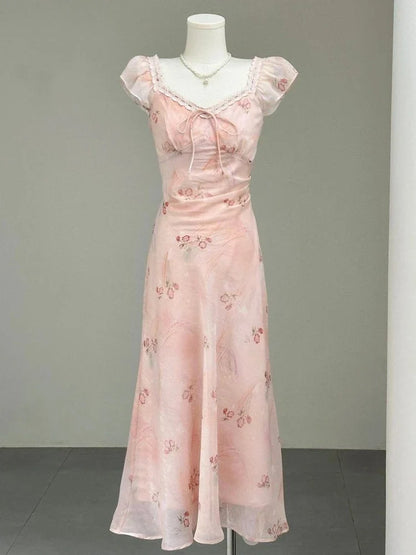French Holiday Style Sweet Summer Dresses Women New Fashion Floral Pink Chic Long Dress Female Elegant Korean Popular Clothes