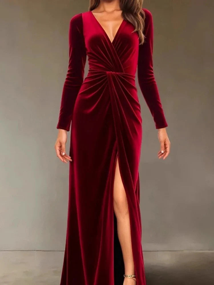 Velvet Dress for Women Autumn Winter New V-neck Slim Twist High Waist Evening Dress Sexy Solid Color Pleated A-line Dresses
