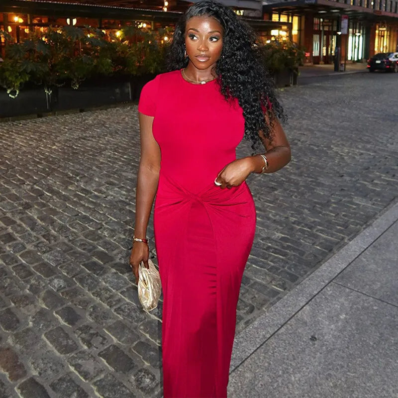 Twist Front Knot Crew Neck Short Sleeve Ruched Bodycon Maxi Dress