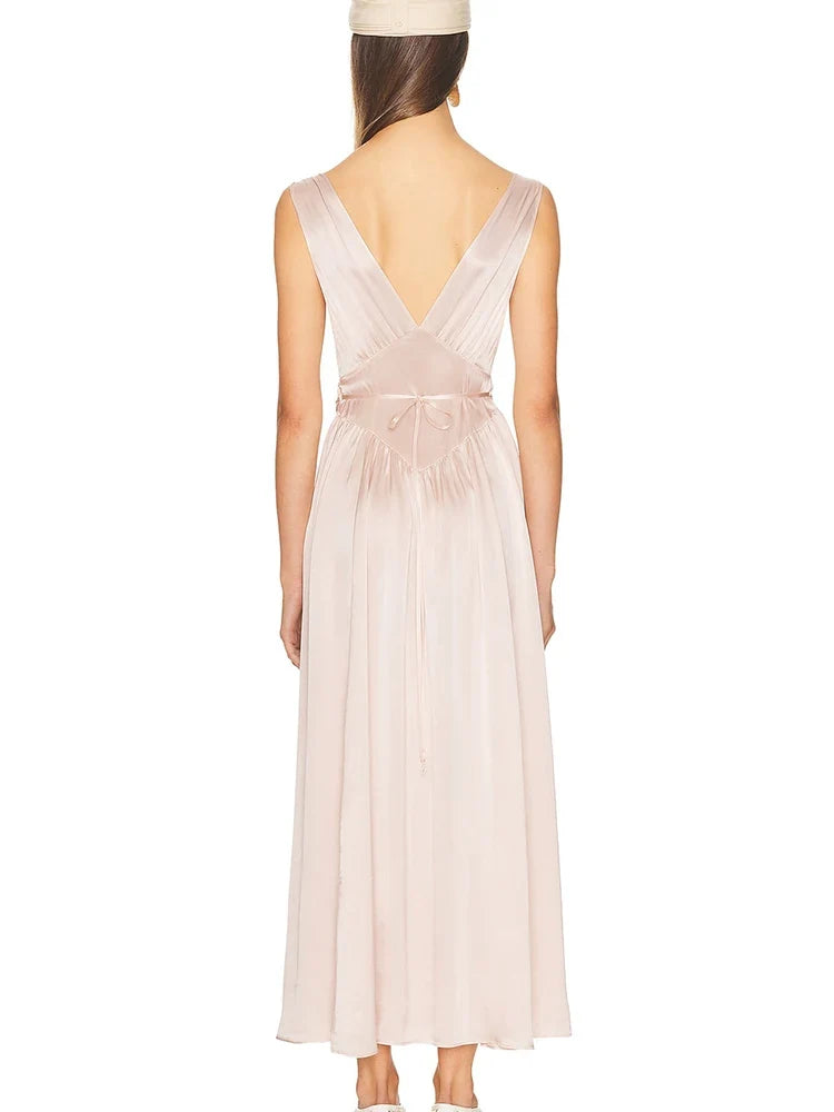 Patchwork Satin Deep V-neck Lace Bow Women Maxi Dress Backless Lace Up Dress Summer Slim Elegant Party Evening Dress