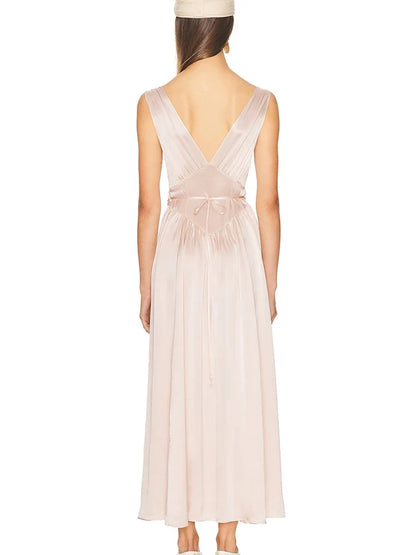 Patchwork Satin Deep V-neck Lace Bow Women Maxi Dress Backless Lace Up Dress Summer Slim Elegant Party Evening Dress