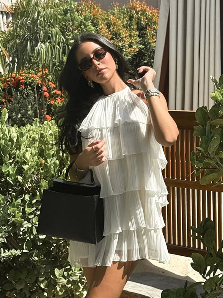 Women White Stacked Ruffle Mini Dress Elegant O-neck Sleeveless Backless A-line Halter Dresses 2025 Summer Lady Beach Vestido