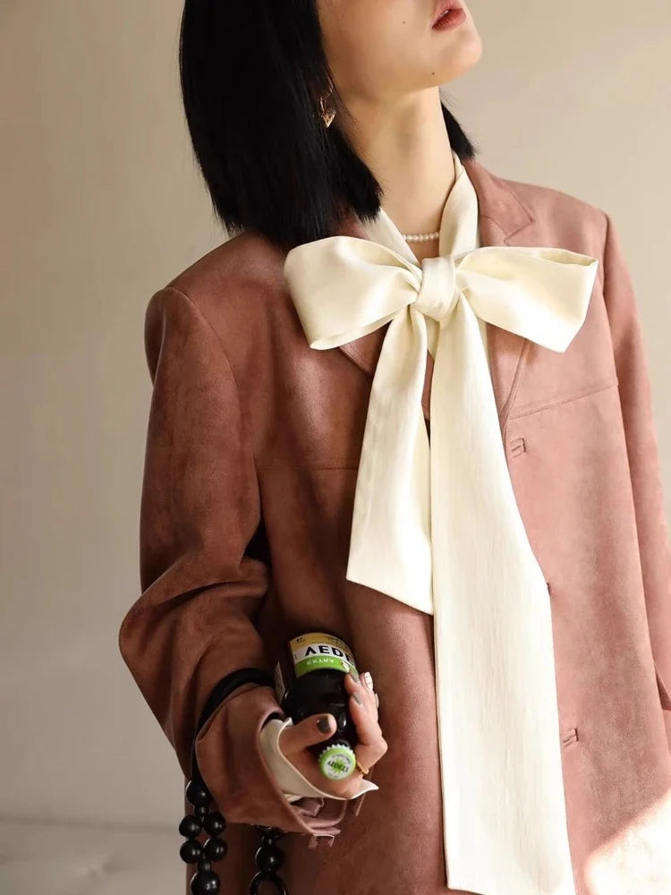 Elegant Beige Blouse Women Chic Bow Tie Long Sleeve Shirt Female Oversized Office Ladies Fashion Vintage Spring Clothes