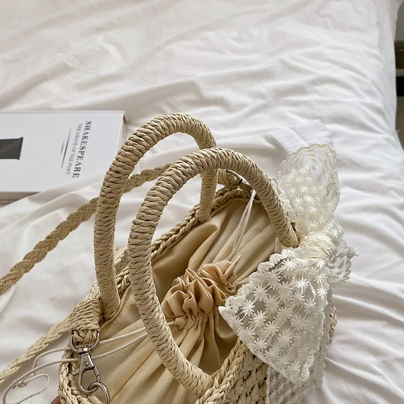 Luxury Designer Women's Hand Woven Straw Bag Summer New Bohemian Beach Seaside Travel Handbag Lace Bow Drawstring Tote Picnic