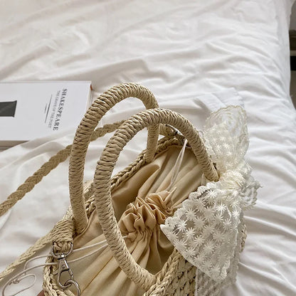 Luxury Designer Women's Hand Woven Straw Bag Summer New Bohemian Beach Seaside Travel Handbag Lace Bow Drawstring Tote Picnic
