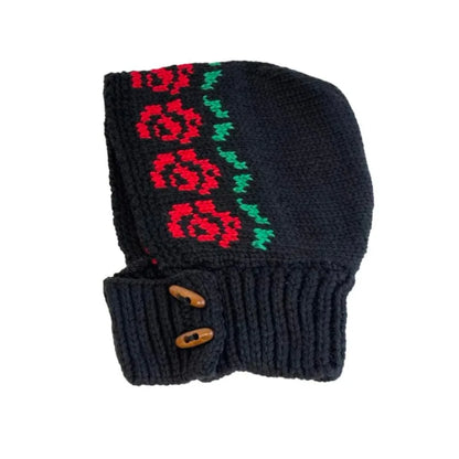 Korean Retro Balaclava Hat Winter Rose Jacquard Knitted Thermal Cover Neck Protection Integrated Ski Beanie Cap for Women's