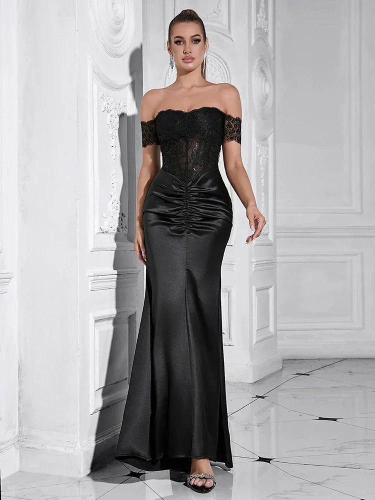Off Shoulder Lace Corset Bodice Satin Ruched Center Maxi Gown