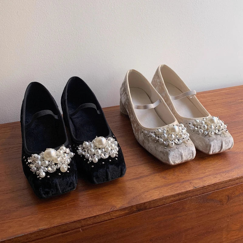 String Bead Chunky Heel Mary Jane Shoes Women Square Toe Elasticized Design Ballet Shoes Elegant Wedding Bridal Designer Pumps