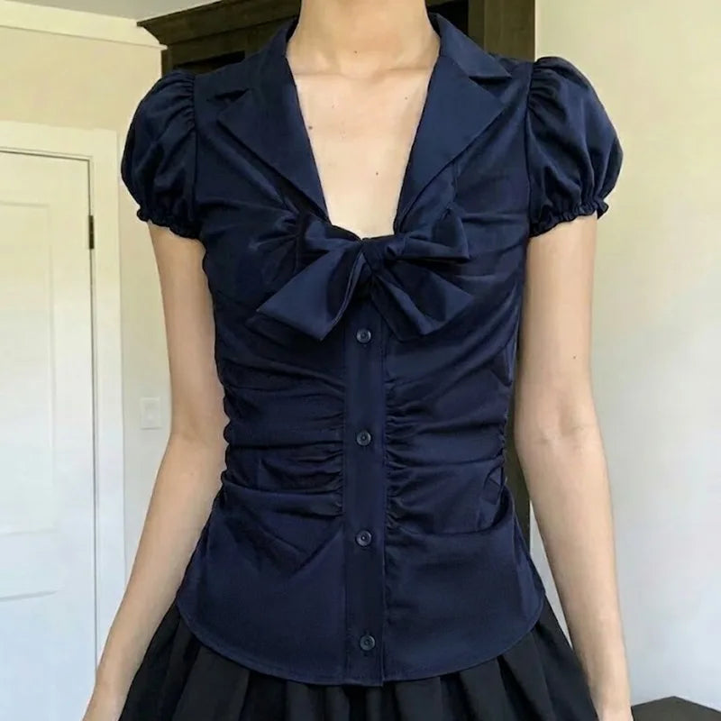 Temperament Preppy Style Bow V Neck Puff Short Sleeve Women's Blouse Y2k Aesthetic Harajuku Pleated Casual Shirts Spice Clothes