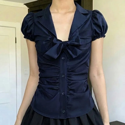 Temperament Preppy Style Bow V Neck Puff Short Sleeve Women's Blouse Y2k Aesthetic Harajuku Pleated Casual Shirts Spice Clothes