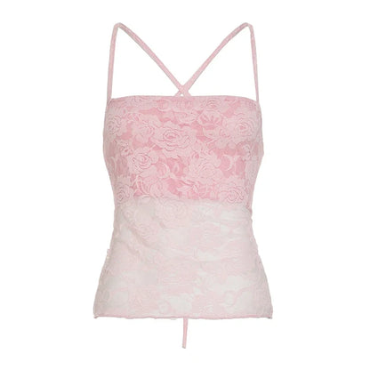 Sexy Lace Women Camisole Backless Lace-up Summer Beach Style Boho Chic Tank Top Y2K Fitted Cute Crop Top See Through