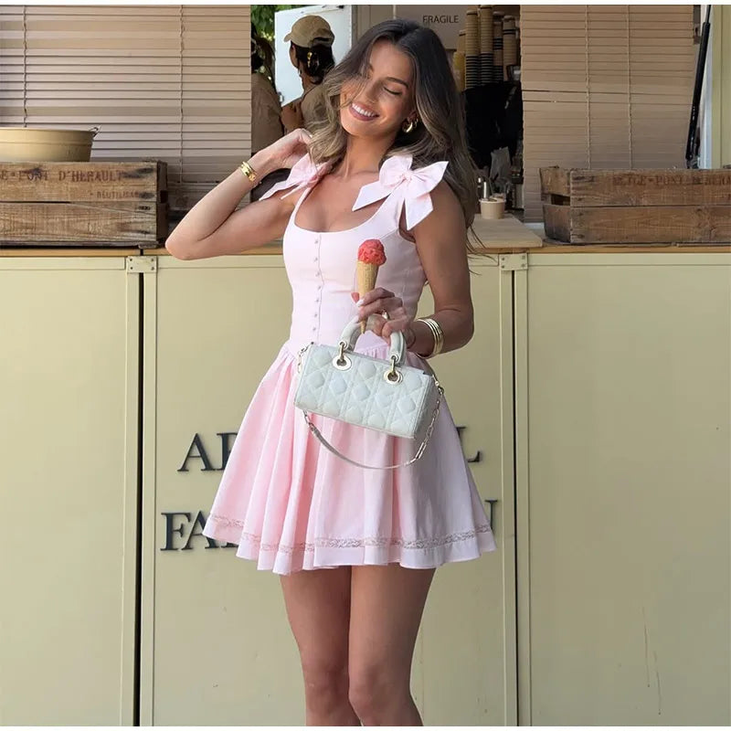 Pink Bow Women's Short Puffy A-line Dress Square Neck Sleeveless Party Dresses Female 2025 Summer Chic Lace Splicing Robe