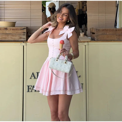 Pink Bow Women's Short Puffy A-line Dress Square Neck Sleeveless Party Dresses Female 2025 Summer Chic Lace Splicing Robe